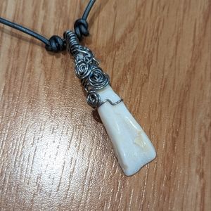 FINAL PRICE Silver Rose Wrapped Buffalo Bone Gunmetal Genuine Leather Necklace